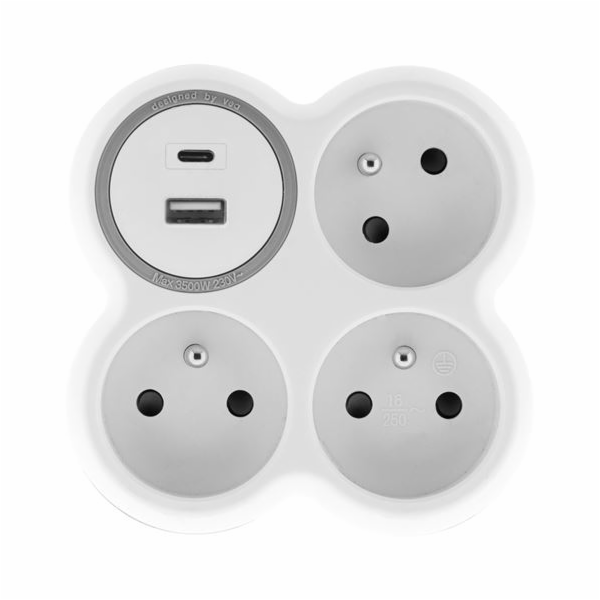 Solight rozbočka, 3x 15A, USB nabíječka A+C, bílá-šedá - ...