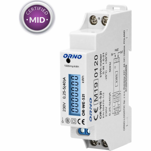 Orno ORNO 1fázový elektroměr, 40A, MID, pulzní výstup, po...