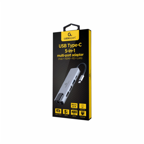 Gembird Adapter wieloportowy USB-C 5w1, PD, HDMI, USB 3.1...