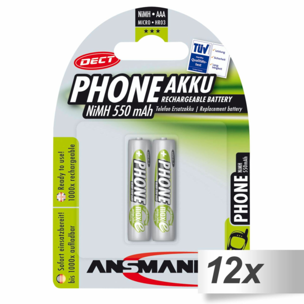 12x2 Ansmann maxE NiMH Akku Micro AAA 550 mAh DECT PHONE