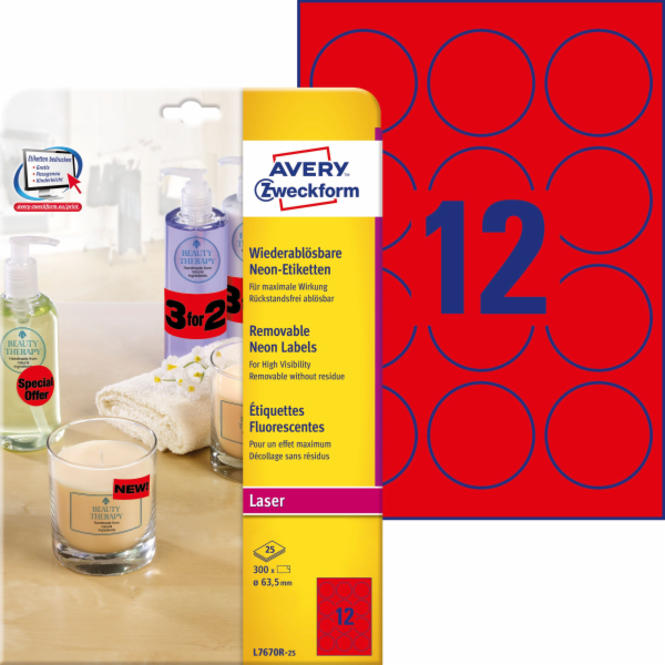 Biurfol NEON ETIKETY A4 25 ARK/OP. PRŮMĚR 63,5 MM ČERVENÁ...
