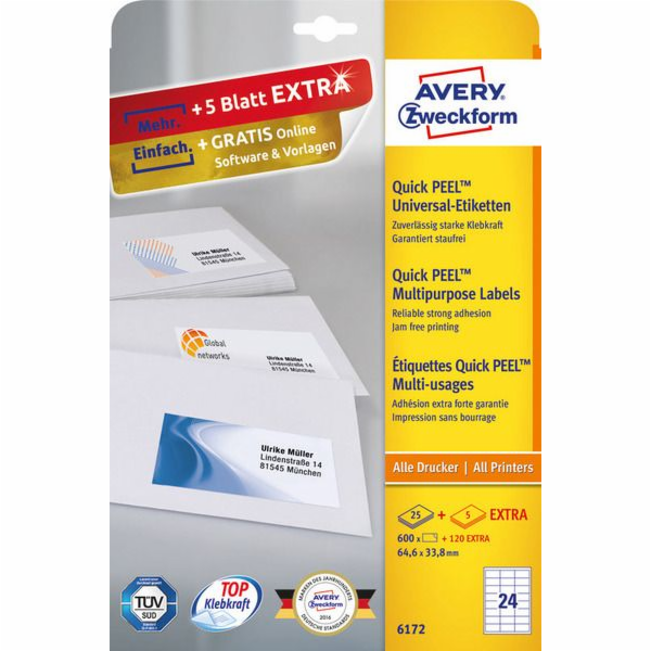 Avery Zweckform Quick Peel Labels 64,6x33,8 (6172)
