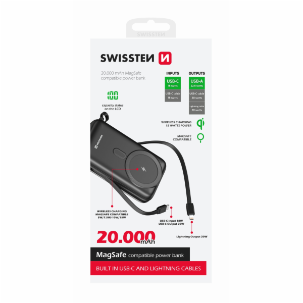 SWISSTEN powerbank 20000 mAh PD 22,5W s integrovanými kab...