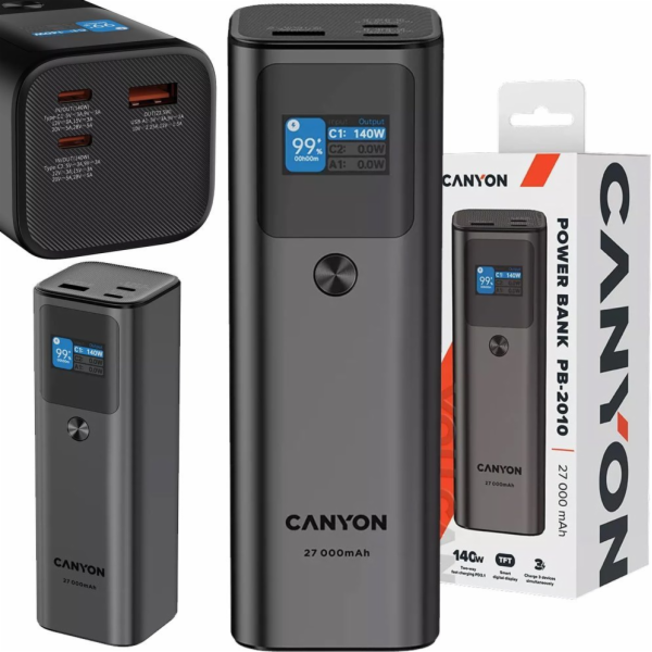 CANYON powerbanka PB-2010, 27000mAh, 2x USB-C 140W PD3.1,...