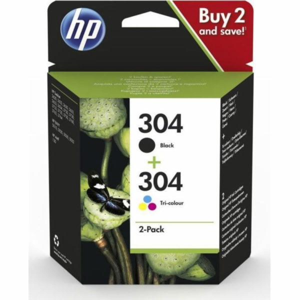 HP 304 - 2-balení - pigmentová černá, barva (azurová, pur...