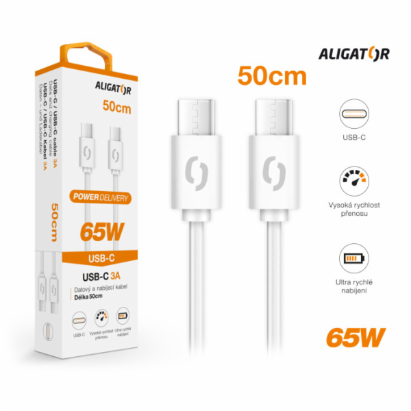 Datový kabel ALIGATOR POWER 65W, USB-C/USB-C 3A, 0,5m bílý