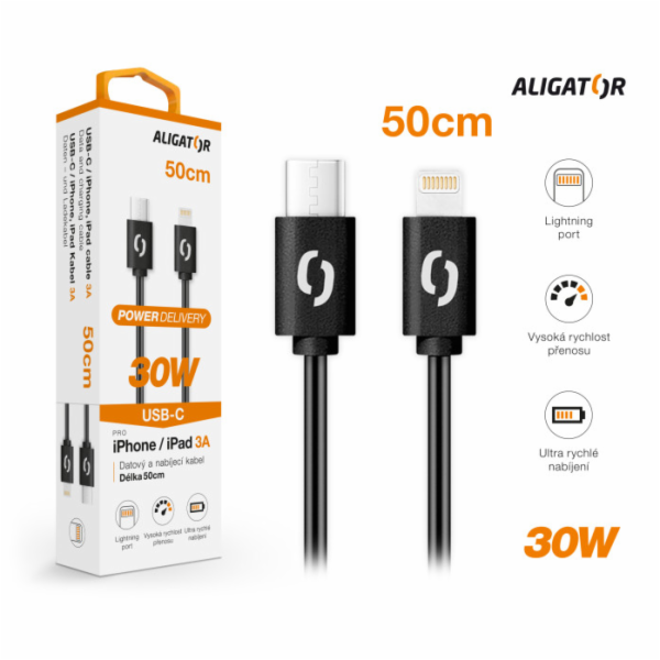 Datový kabel ALIGATOR POWER 30W, USB-C/Lightning 3A 0,5m,...