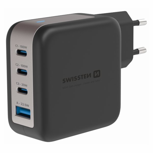 Swissten síťový adaptér gan 3x usb-c 100w pd + 1x usb-a 1...