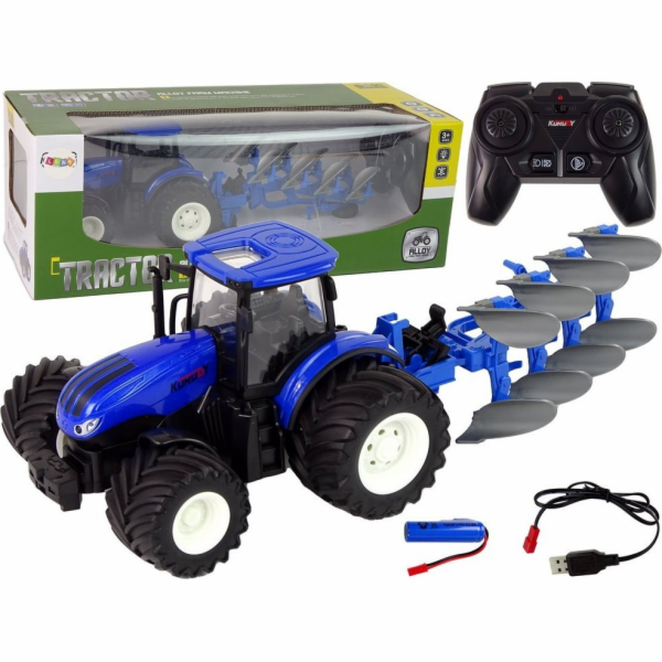 Traktor LeanToys na dálkové ovládání 1:24 modrý pluh kovový