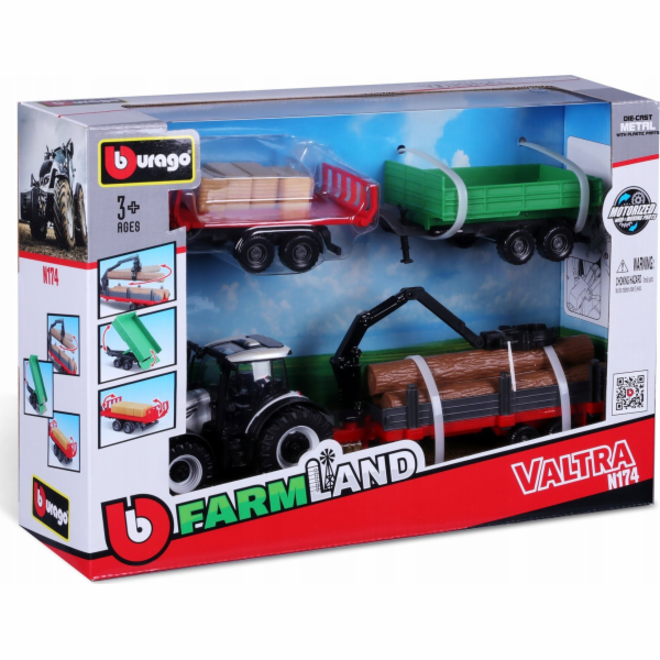 Bburago BBU Traktor Valtra N174+3 přívěsy 10cm 31704