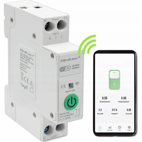 Qoltec Wi-Fi relé 63A pro DIN lištu s elektroměrem | TUYA...