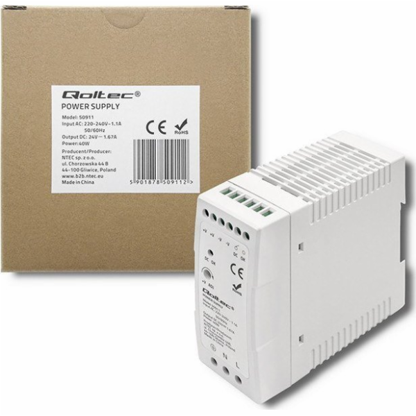 Qoltec Napájecí zdroj na DIN lištu | 40W | 24V | 1,67A | ...