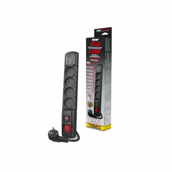 Acar Napájecí proužek F4 USB A+C 5M 4X 230V PD3.0 QC černý