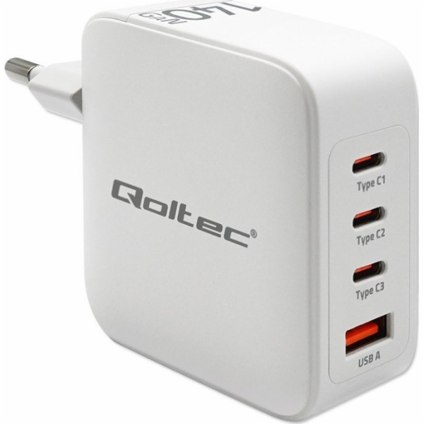Qoltec 140W síťová nabíječka GaN | 5-20V | 2,5-5A | 3xUSB...