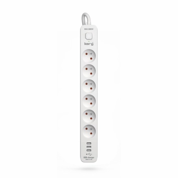 Napájecí lišta KERG s jističem - 6 zásuvky 3USB 16A 3m