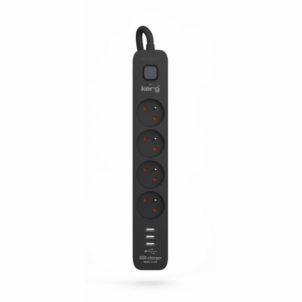 Napájecí lišta KERG s jističem - 4 zásuvky 3USB 16A 1,5m
