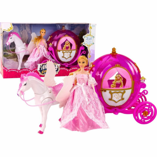 Kočár s koňskou panenkou Princezna Kočár Růžový Pegasus Set