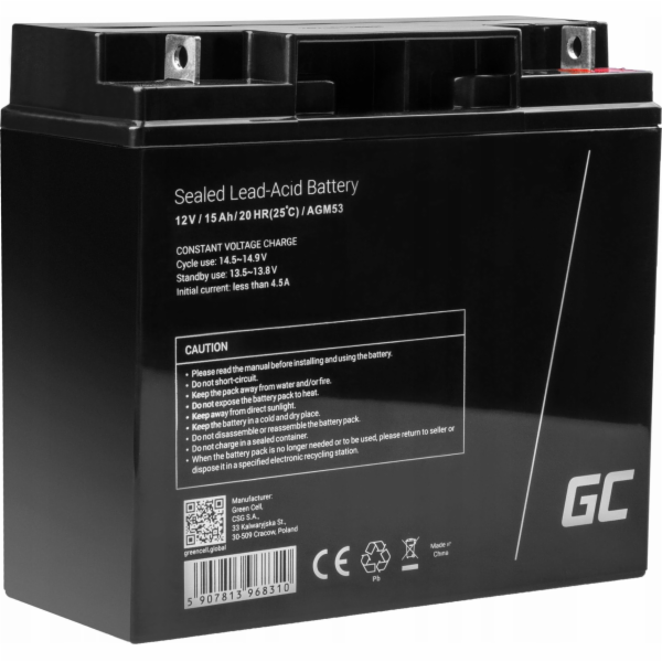 Green Cell AGM VRLA 12V 15Ah maintenance-free battery for...