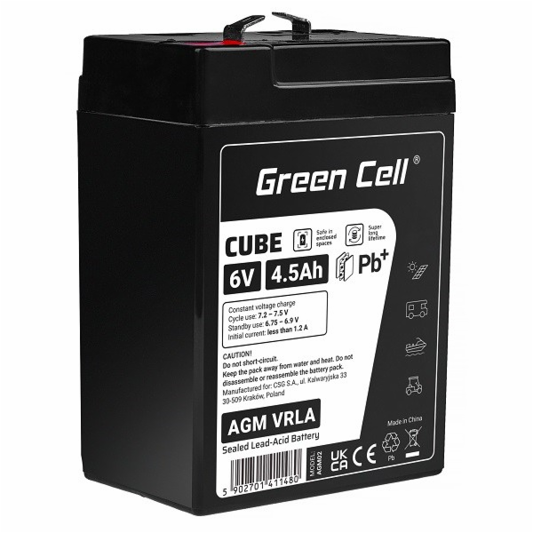 Green Cell CUBE AGM IP54 6V 4Ah VRLA Battery Gel deep cyc...