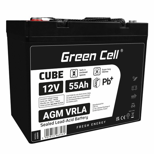Green Cell CUBE AGM IP54 12V 55Ah VRLA Battery Gel deep c...