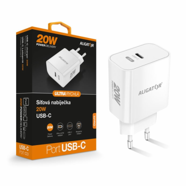 Rychlá nabíječka ALIGATOR PD 20W USB-C, bílá