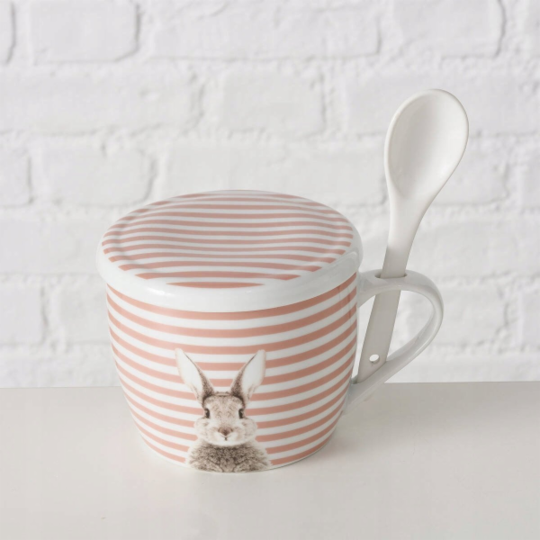 Boltze Hrnek s víčkem a lžičkou FLUFFY, porcelán, králíče...
