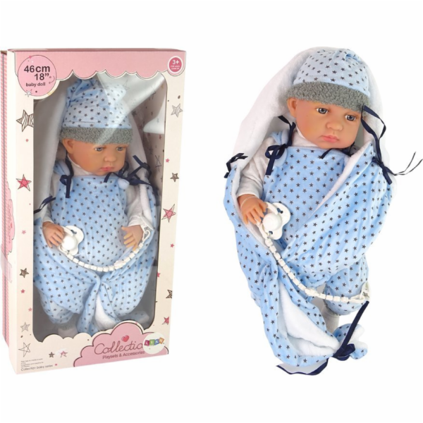 LeanToys Panenka 46 cm modrá deka s dudlíkem a hvězdou