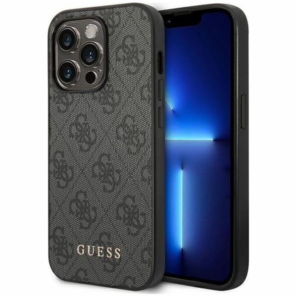 Guess Pouzdro Guess pro iPhone 14 Pro, šedý kov, zlaté logo