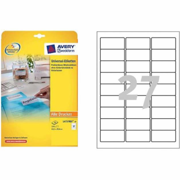 Avery Zweckform Etikety 63,5 mm x 29,6 mm, A4, bílé, 27 e...