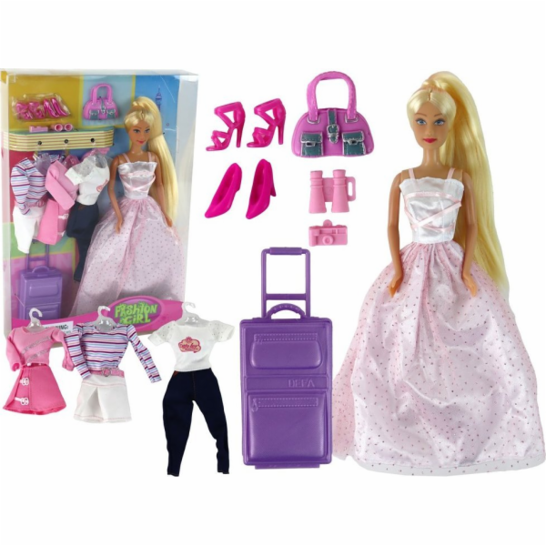 LeanToys panenka s dlouhými vlasy, kufr, oblečení