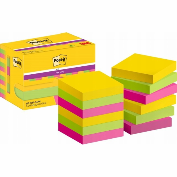 3M Post-It 622-12SS-CARN, Čtvercový, Zelená, Růžová, Žlut...