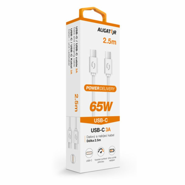 Datový kabel ALIGATOR POWER 65W, USB-C/USB-C 3A, 2,5m bílý