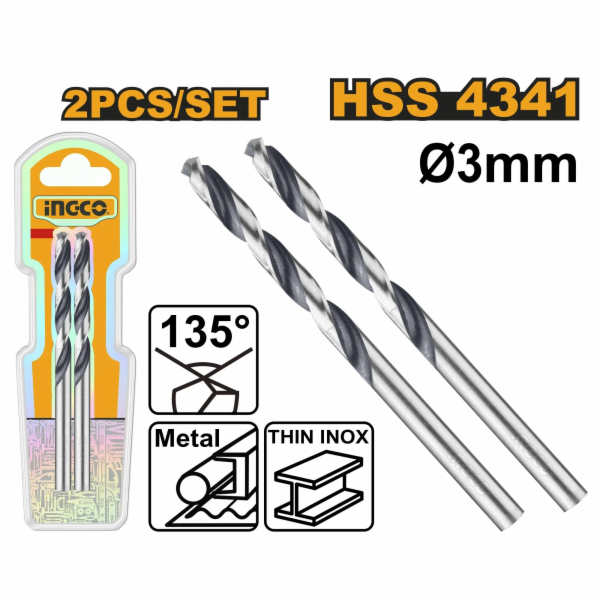 Ingco DBT1200034 Vrták do kovu HSS, sada 2ks, 3mm