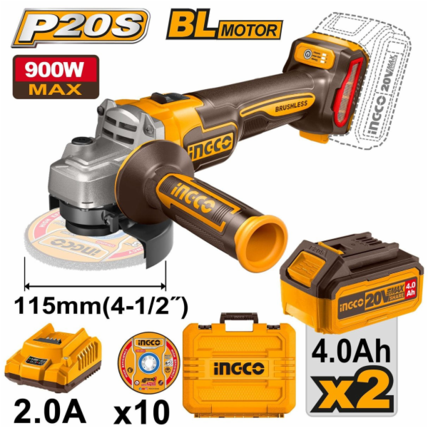 Ingco CAGLI211542 aku úhlová bruska 115mm vč. 2ks baterie...