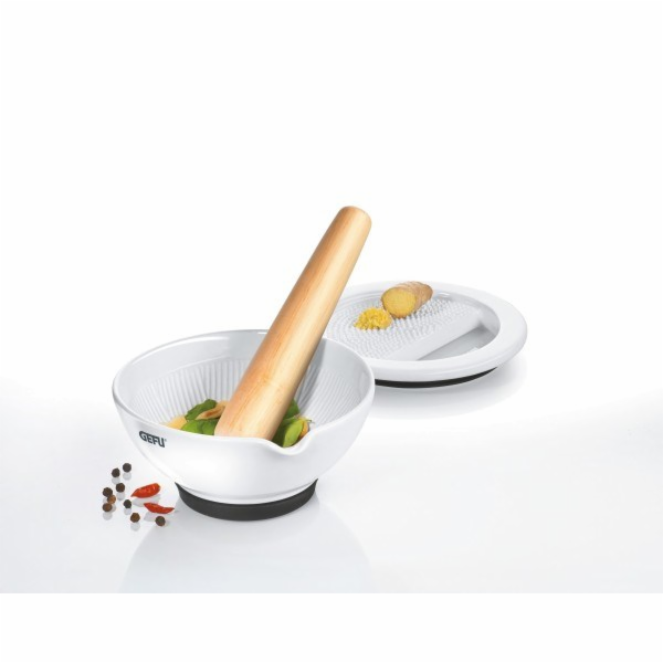GEFU SURI vlašský ořech, Bílá Porcelán, Teak wood Hmoždíš...