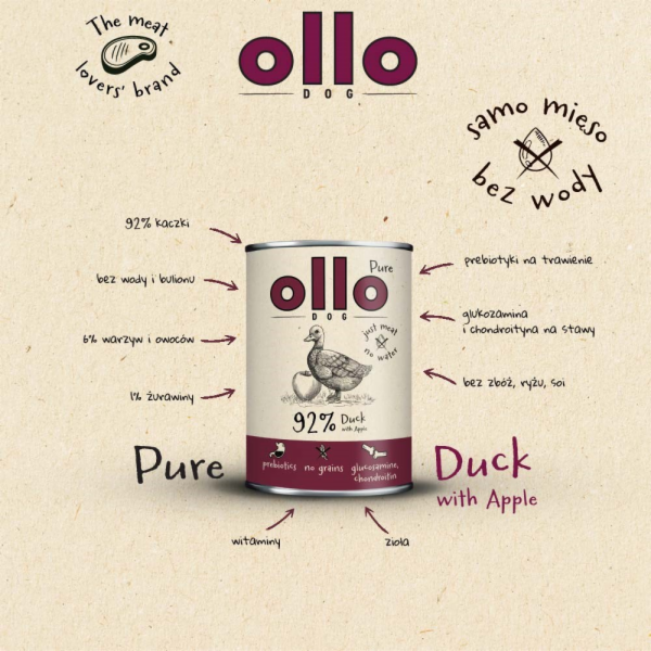 OLLO Pure Duck with apple - vlhké krmivo pro psy - 400g