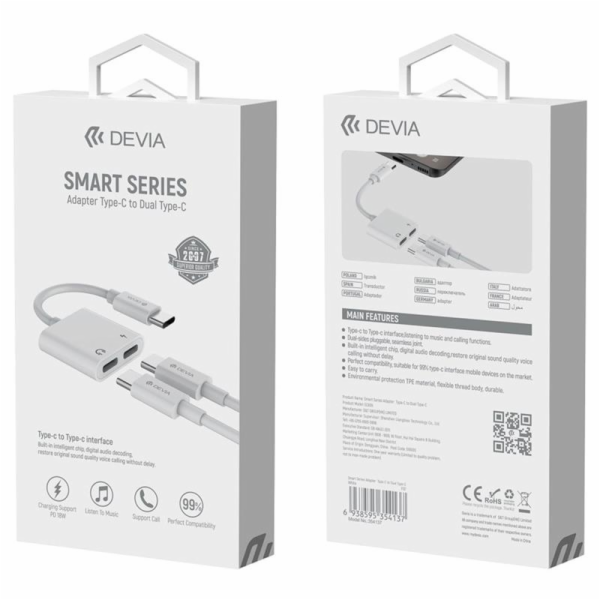Devia Smart Series Adapter USB-C do Dual USB-C - White