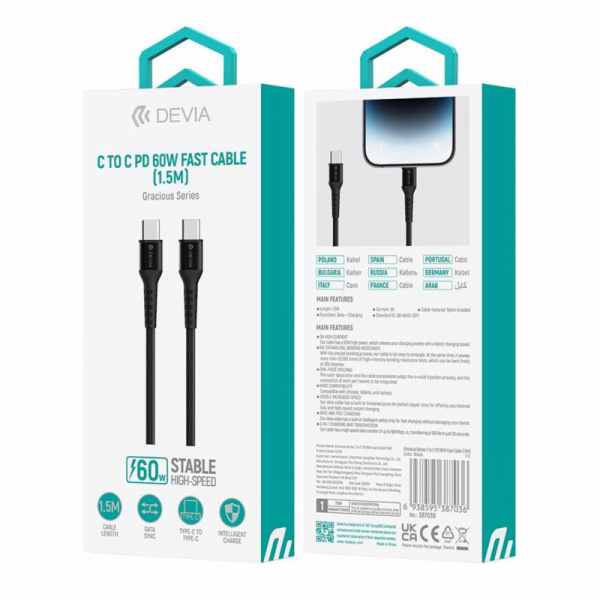 Deví kabel USB-C to USB-C Gracious Woven Cable 1.5m - Black