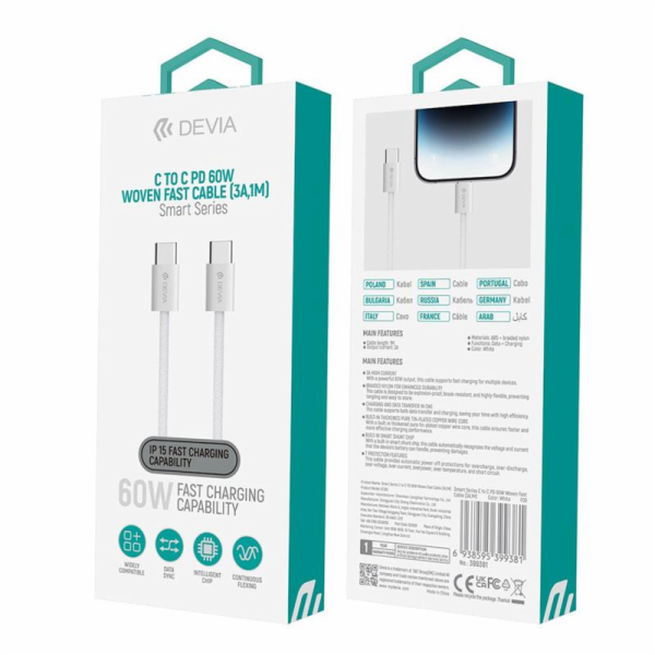Deví kabel USB-C do USB-C PD 60W Wowen Fast Cable 1m - White