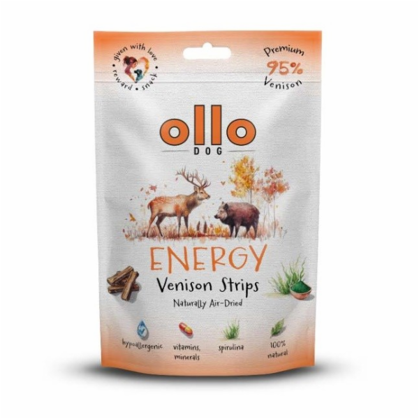 OLLO Air-Dried Energy Venison strips - pamlsek pro psa - 80g
