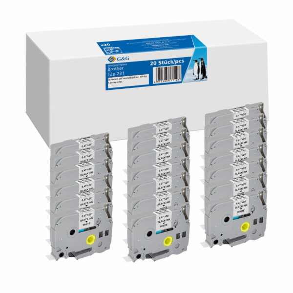 20x G&G Schriftband 12mm x 8m sw ws komp. m. Brother TZe-231