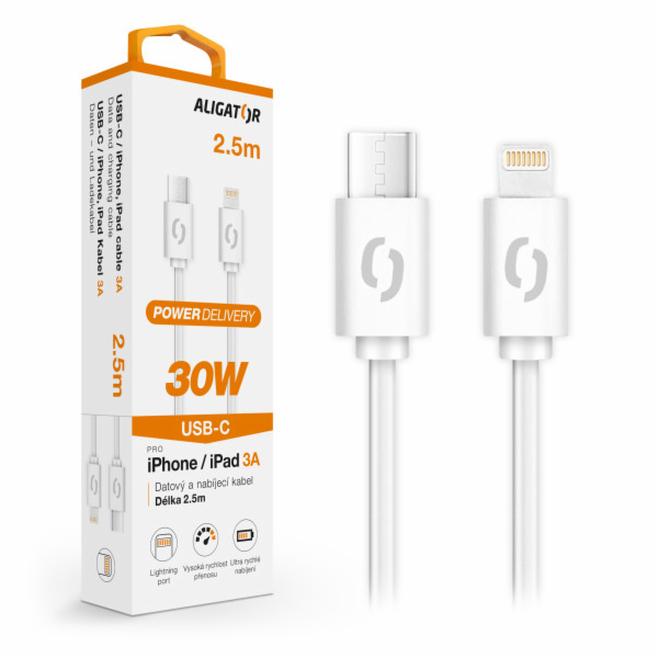 Datový kabel ALIGATOR POWER 30W, USB-C/Lightning 3A, 2,5m...