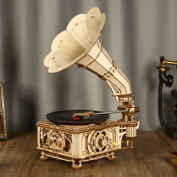 RoboTime 3D dřevěné mechanické puzzle Gramofon (ruční poh...