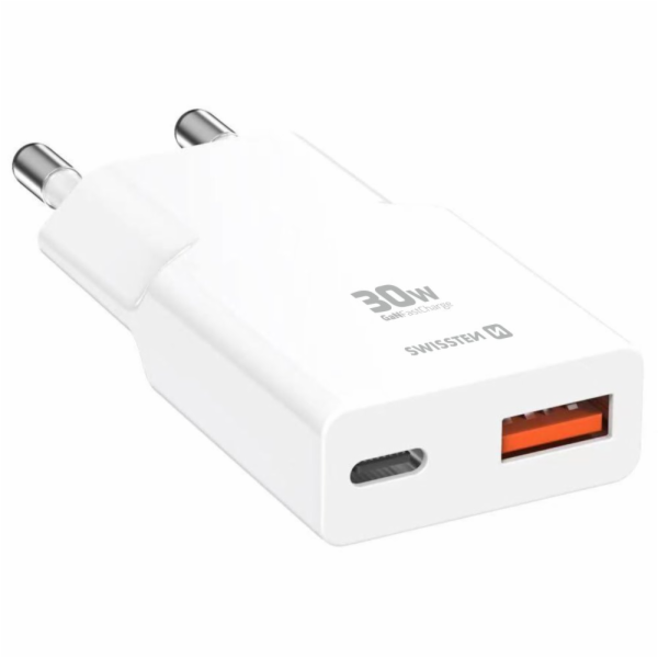 Swissten tenký síťový adaptér GaN USB-C + USB-A 30w bílý