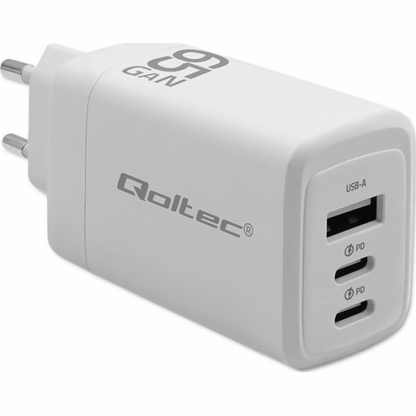 Qoltec 65W GaN nástěnná nabíječka | 5-20V | 3-3,35A | 2xU...
