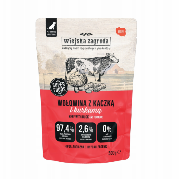 WIEJSKA ZAGRODA Beef with duck - vlhké krmivo pro psy - 500g