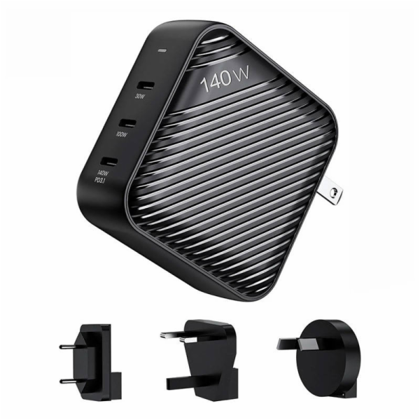 Nástěnná nabíječka INVZI GanHub 3x USB-C, 140 W, EU/UK/AU...