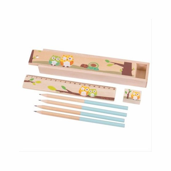 Bigjigs Toys dřevěný penál sovičky 1ks modrá