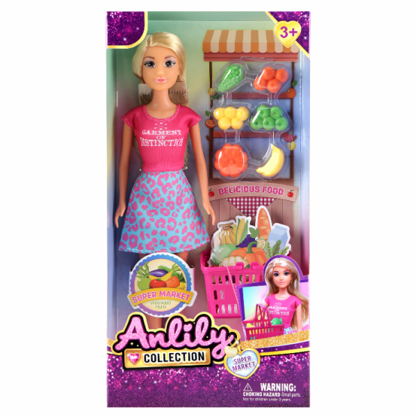 Panenka s nákupním košíkem a prodejnou ovoce a zeleniny