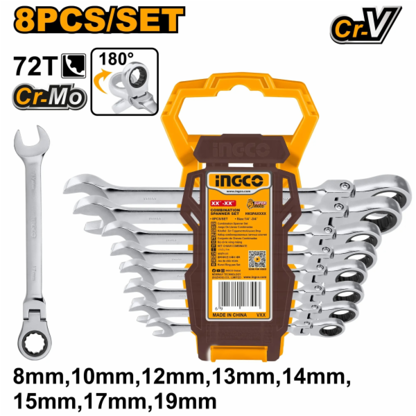 Ingco HKSPAR1083 Klíč očkoplochý račnový CrMo 8-19mm 8ks,...